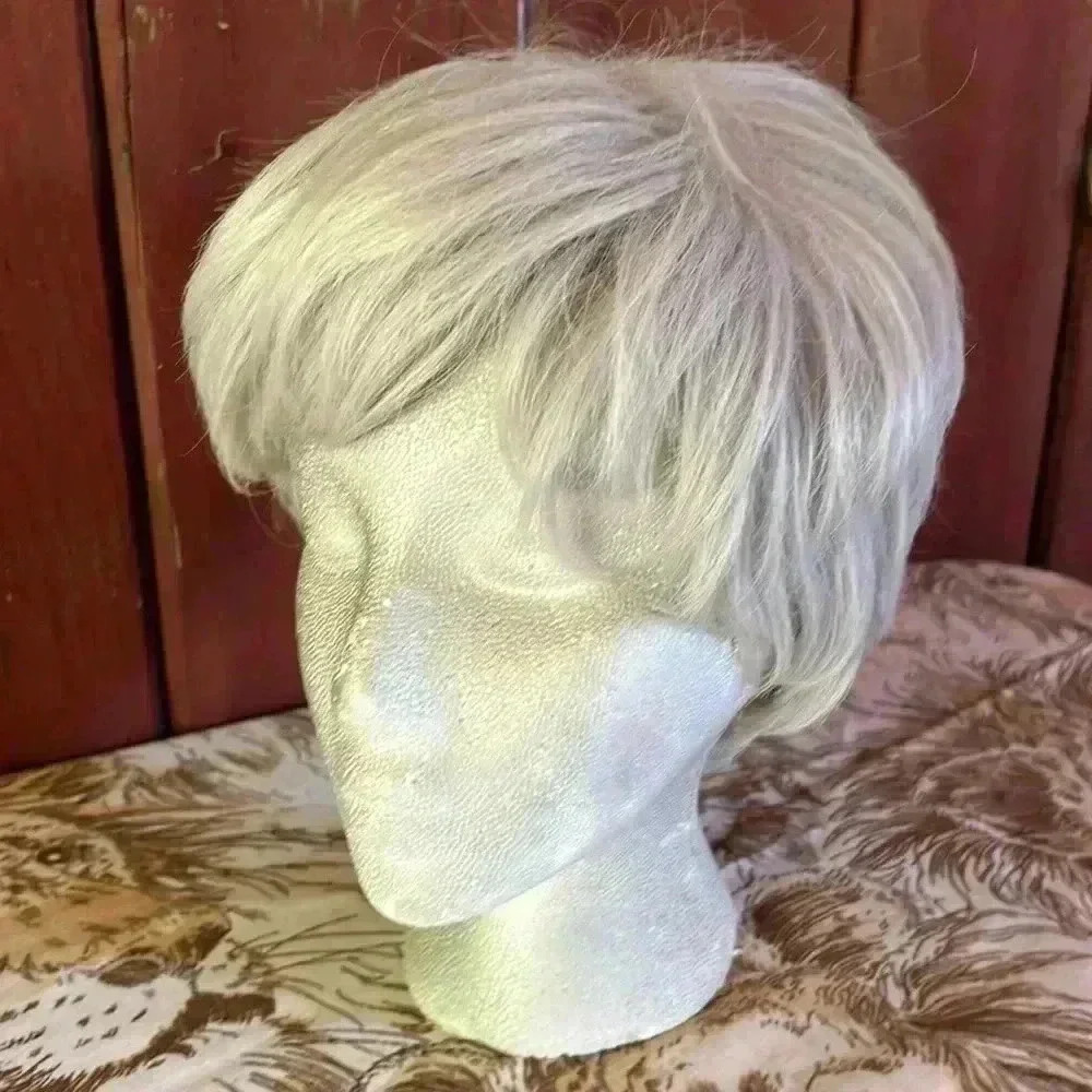 Vintage Wig Grey White Platinum Short Layered Unisex Costume 60s 70s - Picture 1 of 5